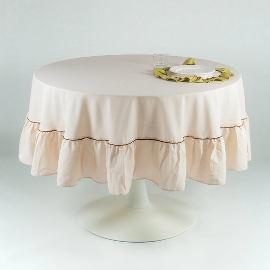 Beige Round Ruffle Tablecloth