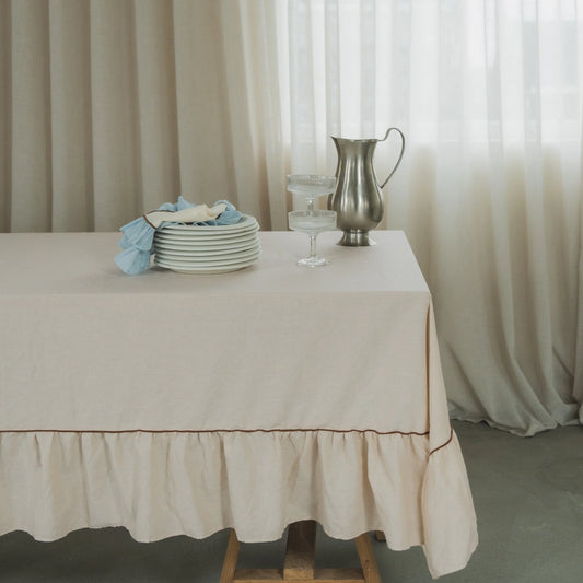 Beige Rectangle Ruffle Tablecloth