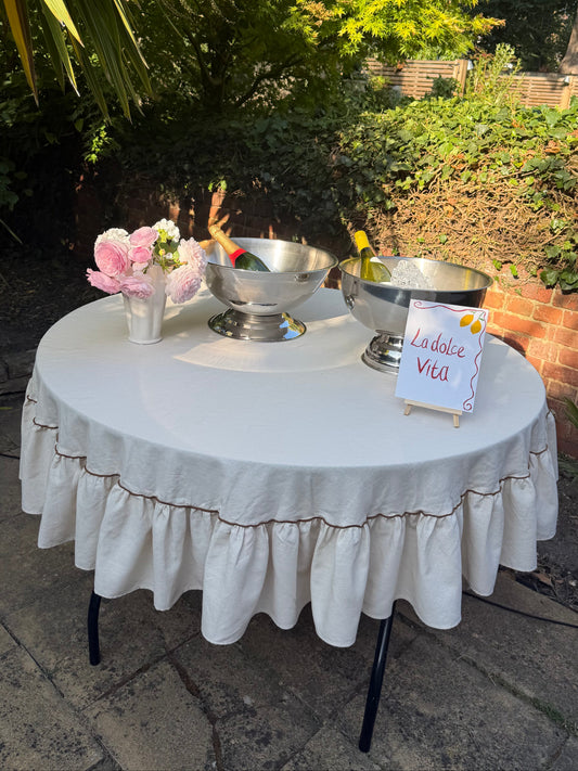 Beige Round Ruffle Tablecloth