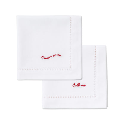 White Napkins with Red Embroidery Set of 2