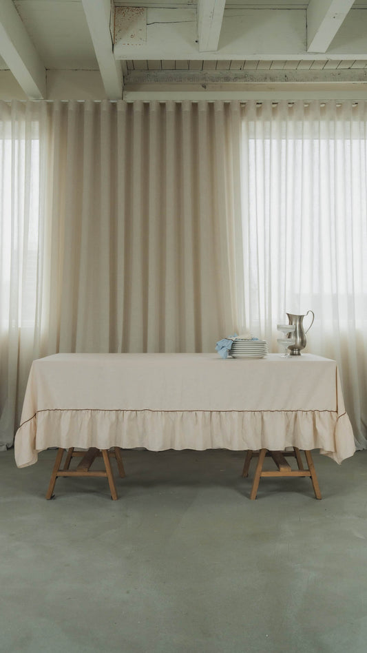 Beige Rectangle Ruffle Tablecloth